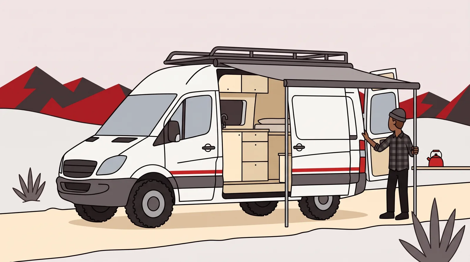 A high-roof camper van on all-terrain tyres stands at the end of a rutted dirt track with a loaded roof rack overhead and low dry hills rising behind it.