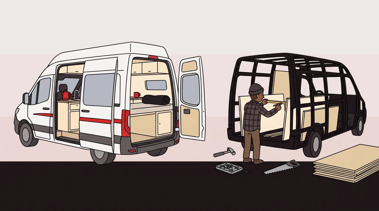 A finished camper van interior with its galley and fixed bed fills the left of the frame while the right shows the same van as a bare metal shell, its floor covered in power tools and cut timber.