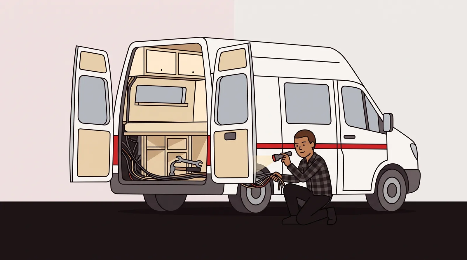 A buyer crouches at the open rear doors of a used camper van with a torch, checking the wiring behind a panel that has been lifted out and propped against the bumper.