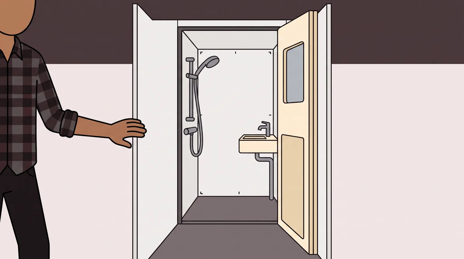 A narrow wet bath cubicle inside a camper van with its folding door open, showing a shower head on the wall and a small basin below it.