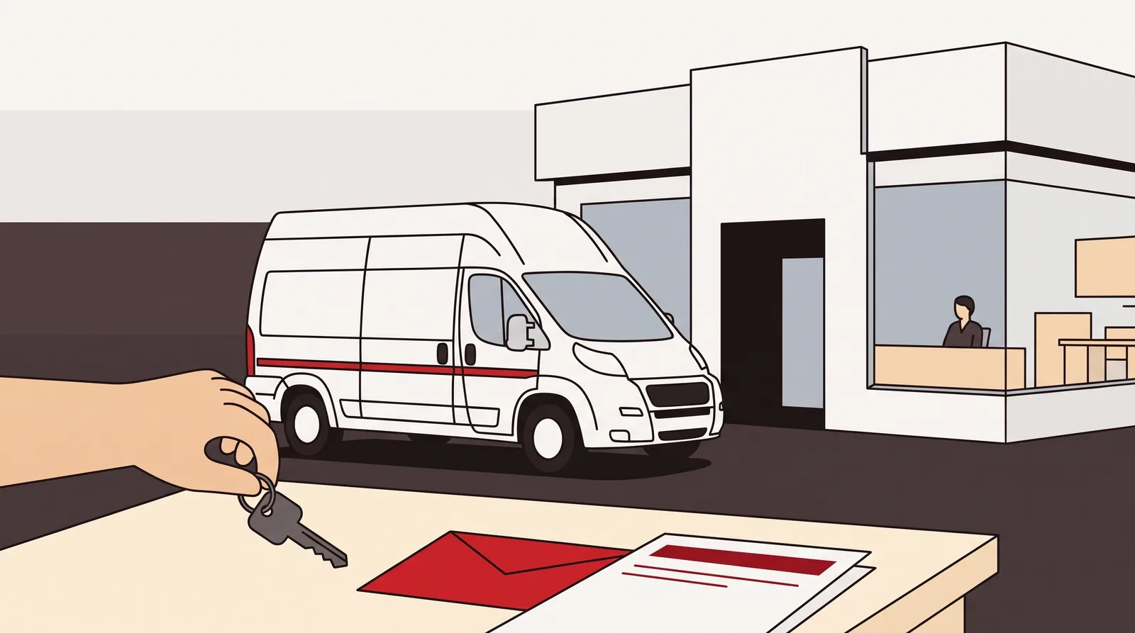 A camper van parked outside a small bank branch, with a signed loan document and a set of van keys on the table in front of it.