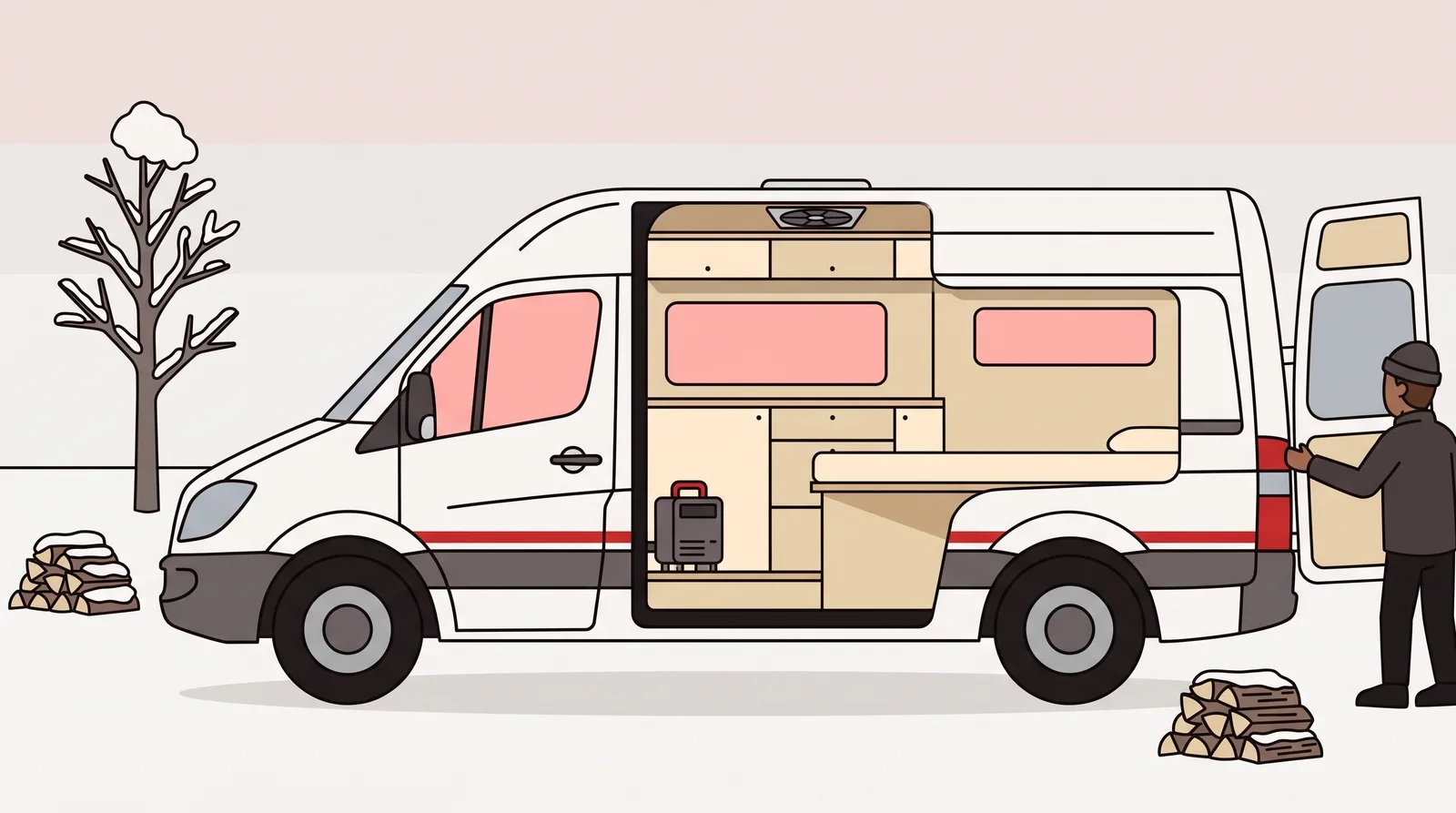 A camper van stands in deep snow at dusk with warm light in its windows, and a cutaway through the side panel shows the diesel air heater under the bench seat and the powered fan set into the roof.