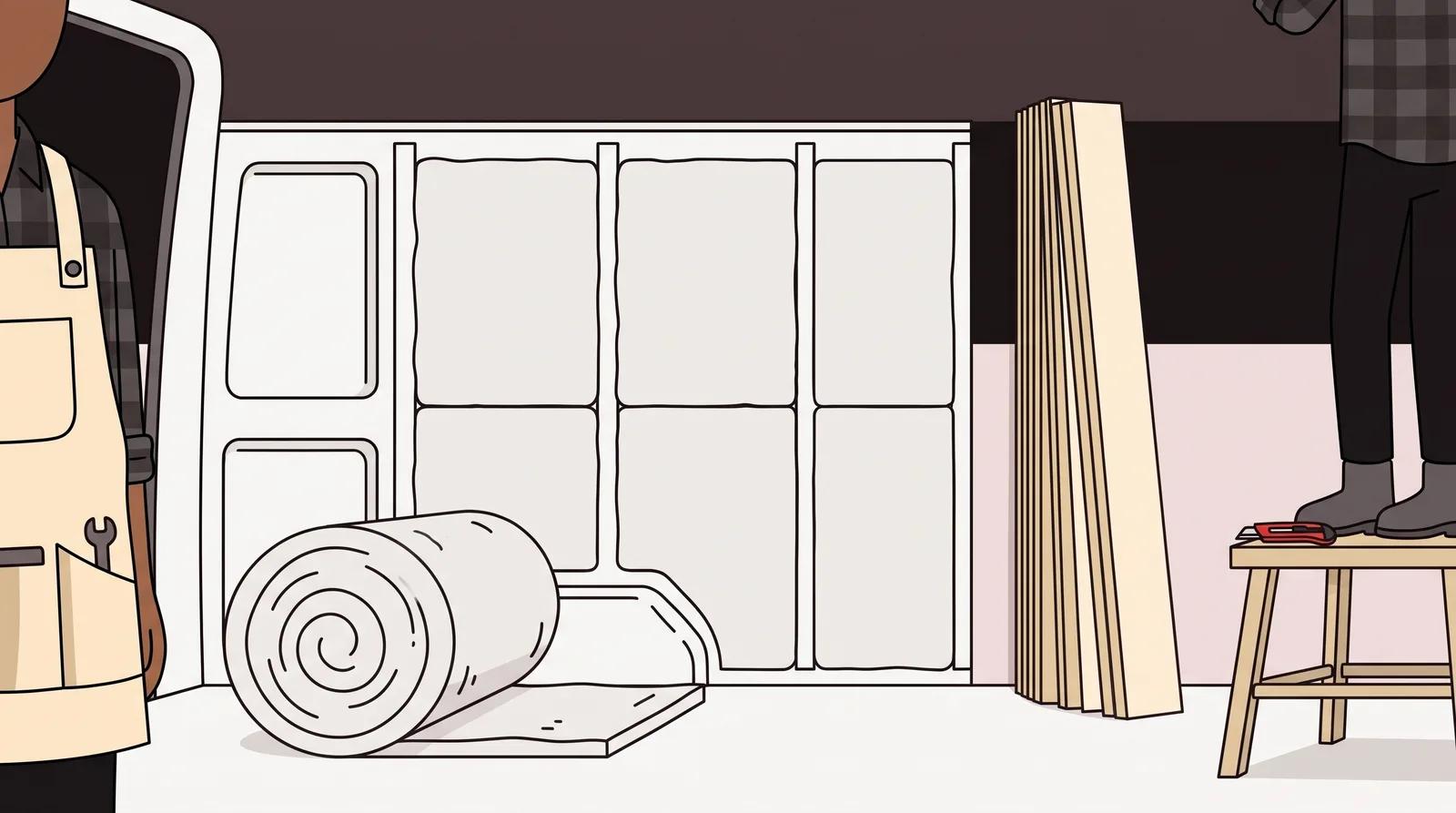 The inside of a camper van wall part-lined with insulation batt and part-bare, with the steel ribs still showing through the gap and a roll of insulation lying on the floor beside it.