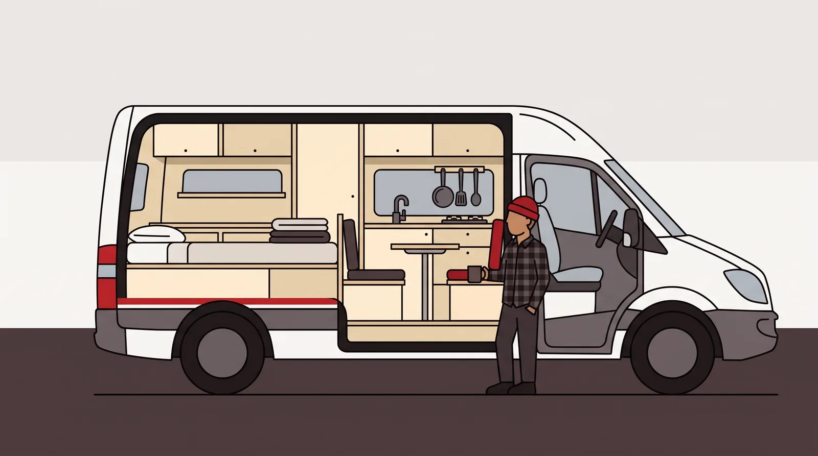A camper van drawn in cutaway from the side, showing a fixed bed across the rear above a storage garage, a galley running along one wall and a seating area at the front behind the cab.