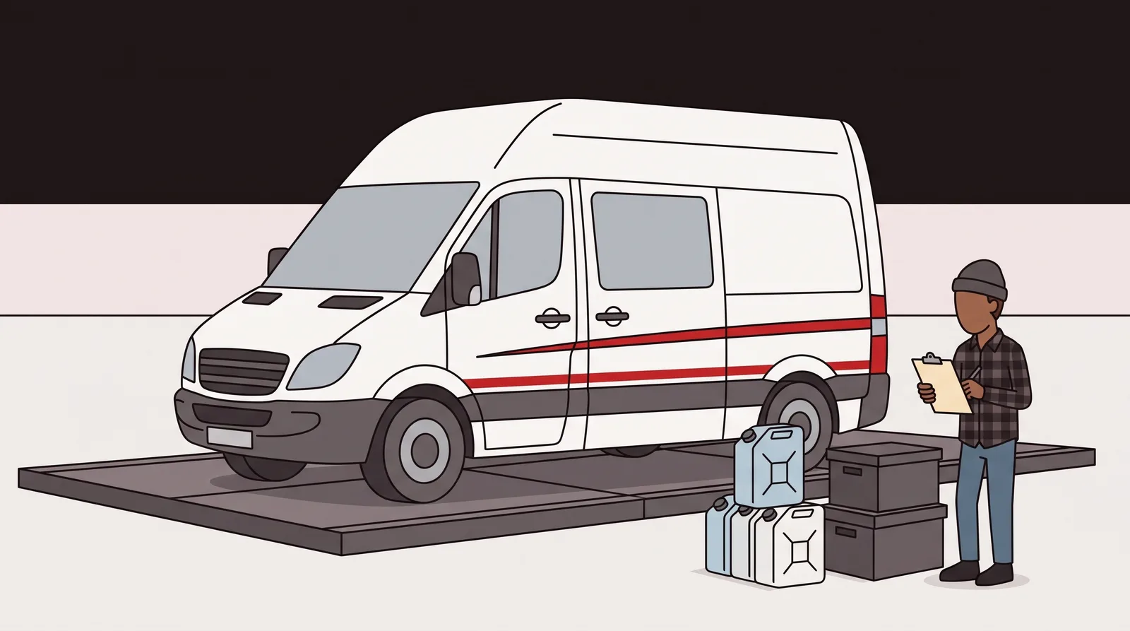 A high-roof camper van stands on the platform of a public weighbridge with its side door open, water containers and gear boxes unloaded onto the ground beside the rear wheel.