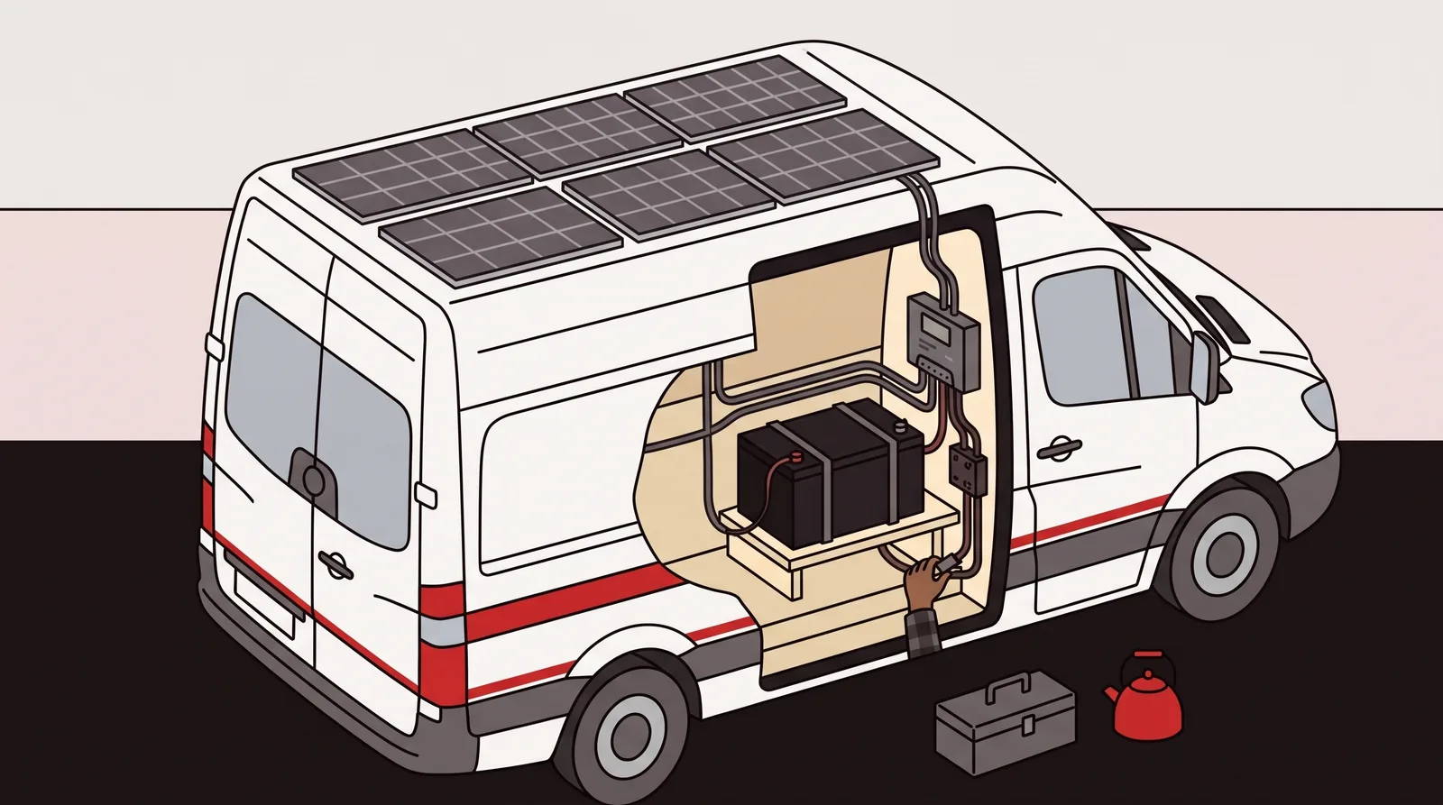 A camper van photographed from a high angle with four solar panels laid across its high roof, and a cutaway through the side wall showing the battery box and cable runs beneath the bed.