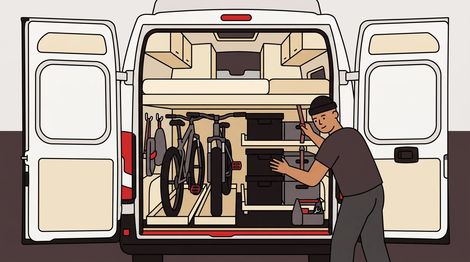 The rear doors of a high-roof camper van stand open on a gear garage beneath a raised bed, with two mountain bikes and a row of labeled storage boxes slid in end to end.