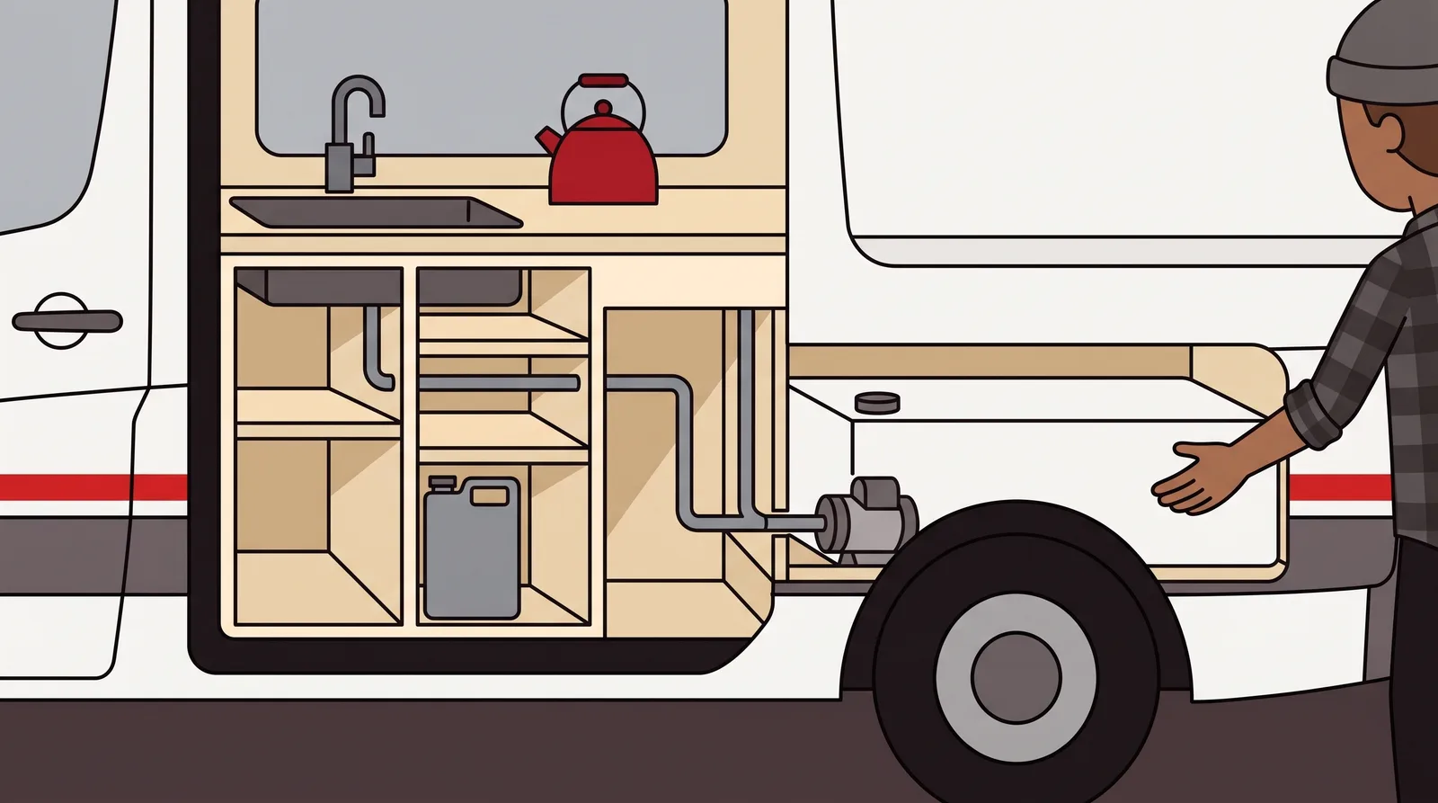 A camper van galley with a stainless sink and a folding tap, the counter cut away to show the fresh water tank and the 12 volt pump plumbed beneath it.