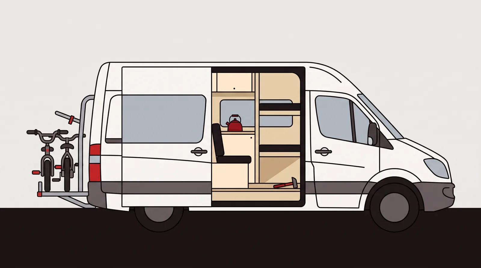 A camper van stands with its sliding door open on a belted rear bench and a pair of bunk beds along the far wall, two children's bikes racked on the back doors.
