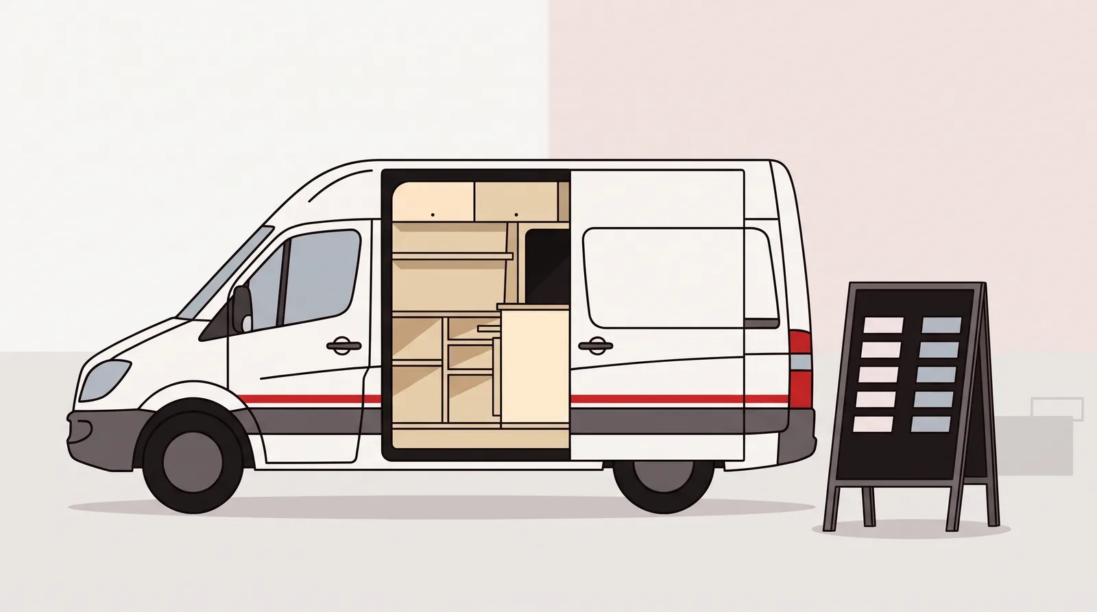 A high-roof camper van stands in full side profile on a dealer forecourt with its side door slid open on a finished interior, a price board propped against the front wheel.