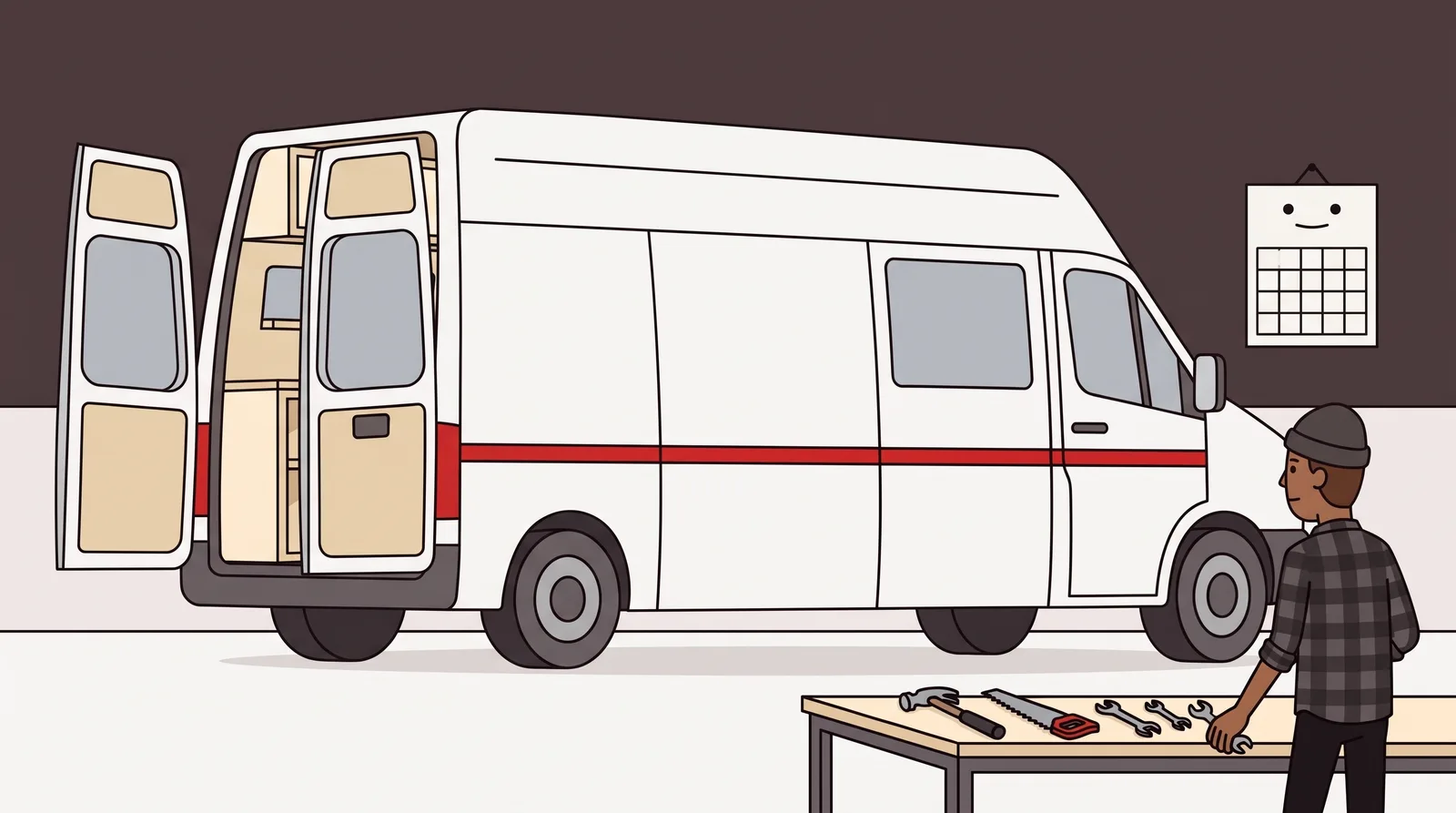 A half-finished camper van sits on a workshop floor with its insulation still exposed, a wall calendar hanging behind it and the fitter's tools laid out along a bench.