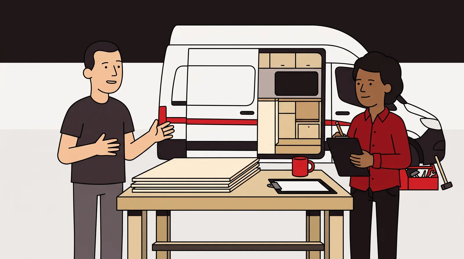 Two people stand talking across a workshop bench beside a part-converted van, a clipboard of build notes and a mug of coffee between them.