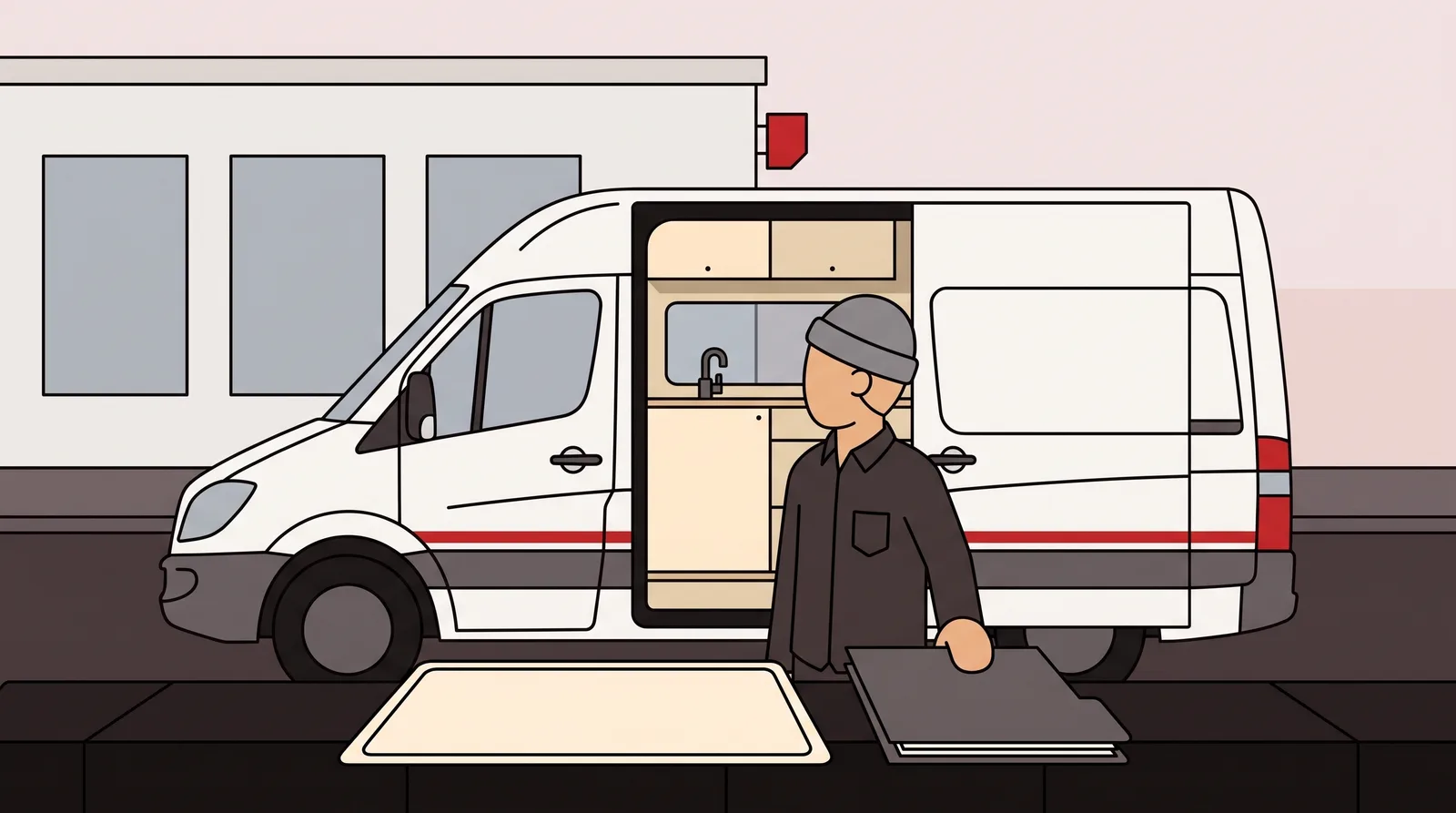 A finished high-roof camper van waits outside a small county motor vehicle office with its new plate propped against the front wheel, beside a folder of registration documents and a printed weight ticket.