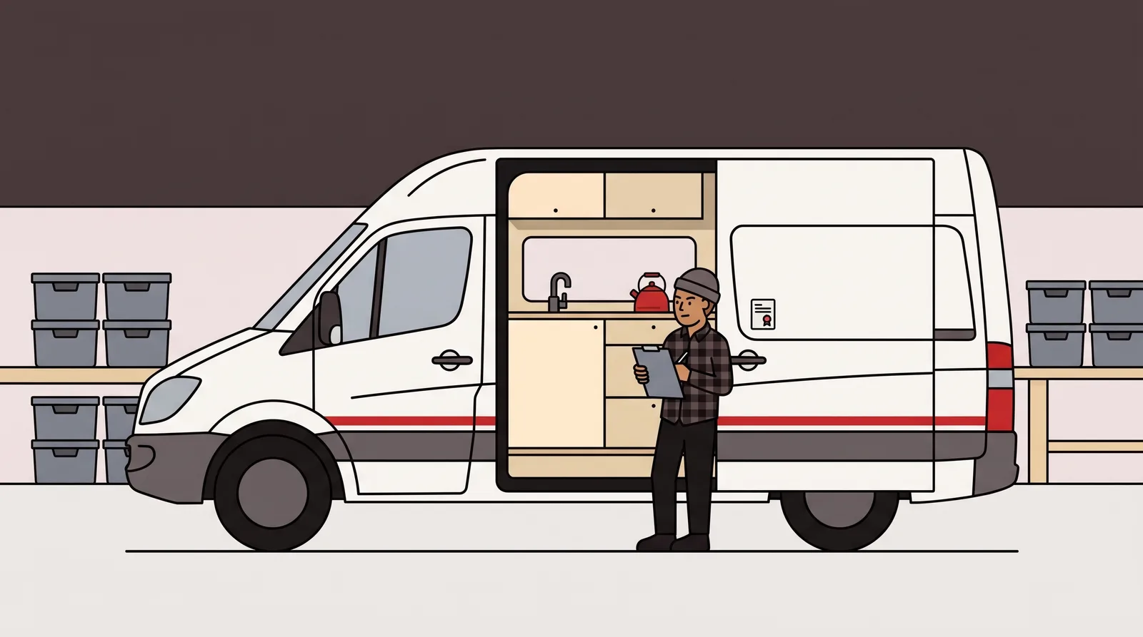 An inspector stands with a clipboard beside a finished camper van on a workshop floor, checking the build against the certification sticker fixed to the open door frame.