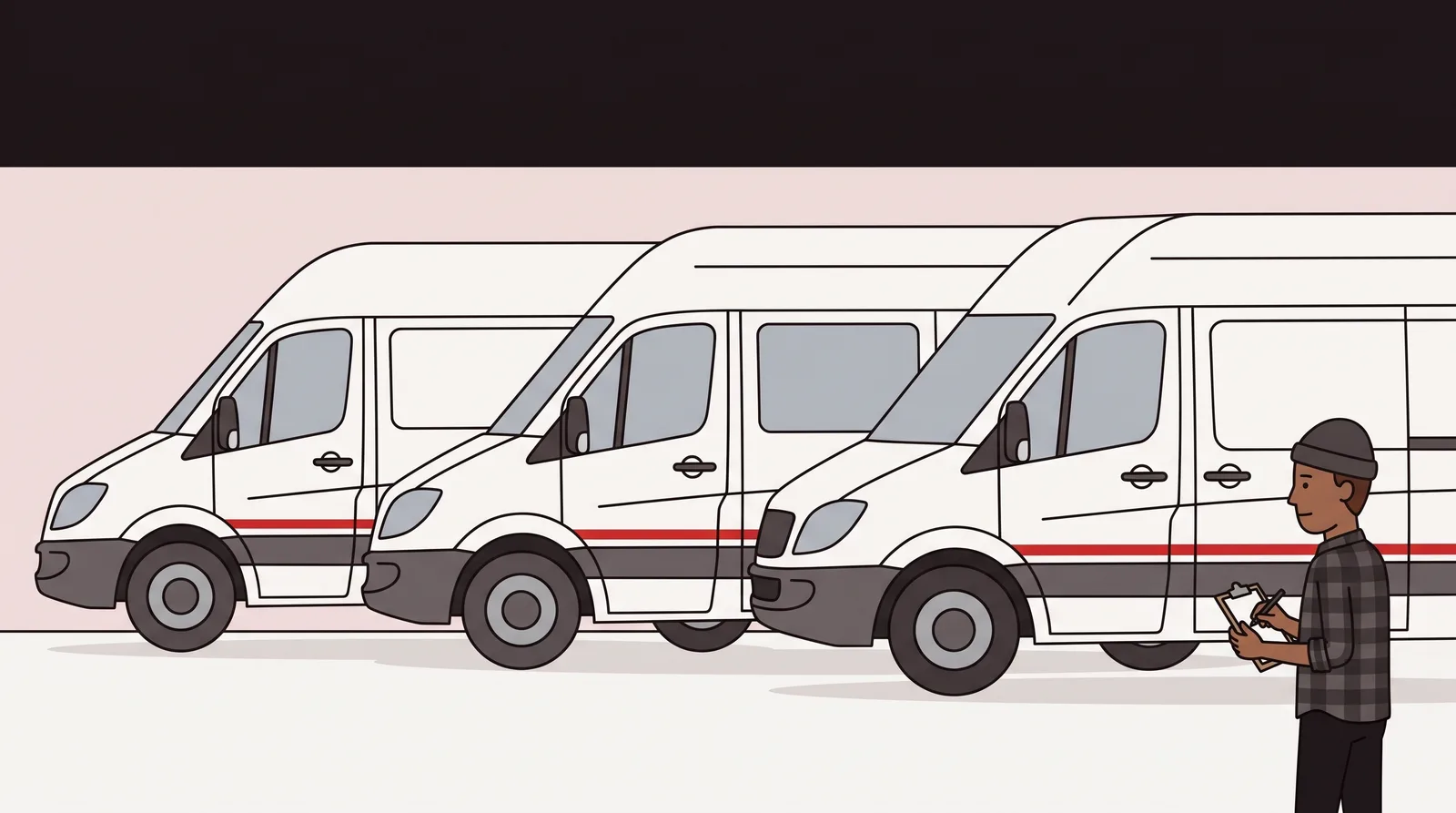 Three unconverted high-roof cargo vans parked side by side on a flat lot, each a different length and roof height, which is the choice every camper van conversion starts from.