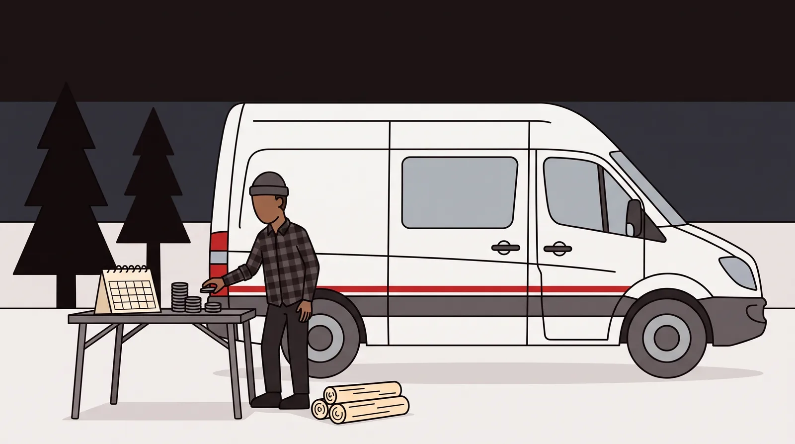 A camper van parked at a campsite at dusk, with a calendar and a stack of coins on the folding table outside it, standing in for the monthly arithmetic of living in a van full time.